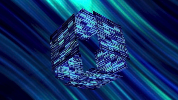 El cubo virtual d en el movimiento del espacio del juego el cubo brillante se descompone en pedazos y se ensambla en