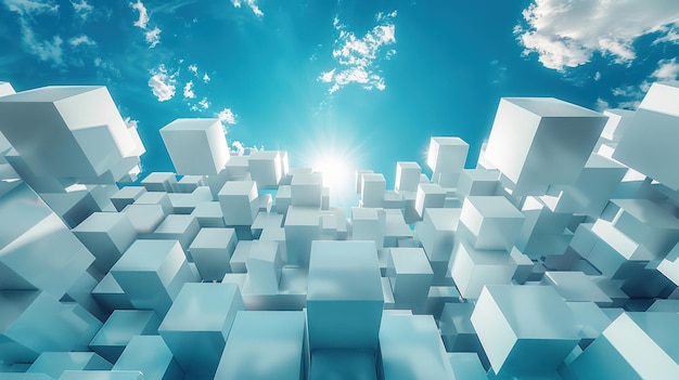 Cubos 3D abstractos contra el cielo azul con luz solar