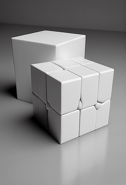 Cubos 3D brancos em pé sobre um chão branco gerado por IA