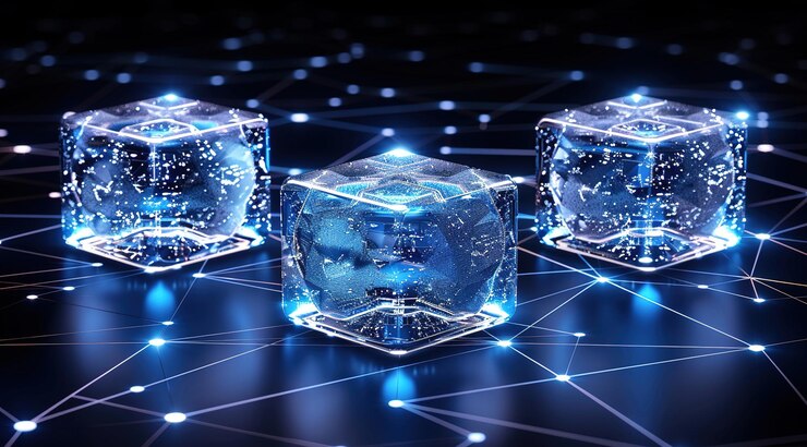 Foto cubos 3d sin costuras o bloques de red de conexión de datos en azul oscuro