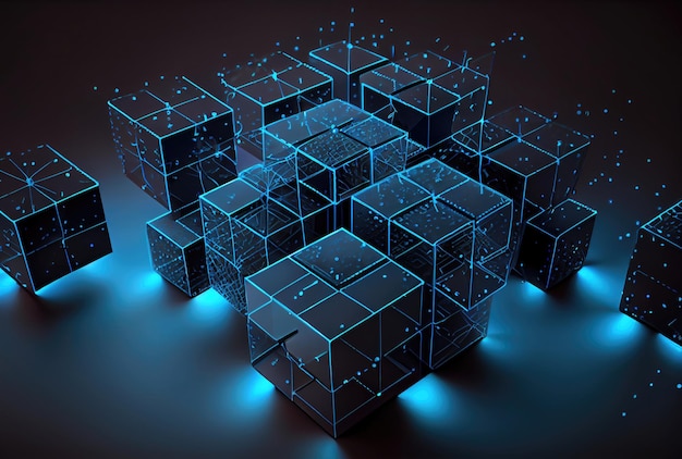 Cubos abstractos para el concepto de cadena de bloques Tecnología y concepto de negocio IA generativa