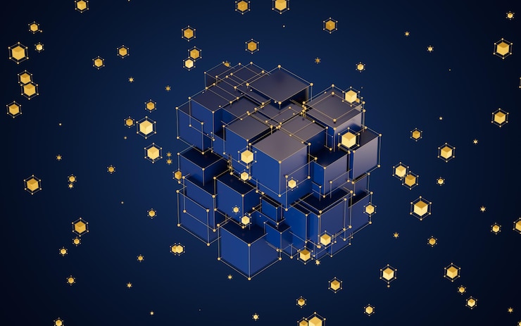 Foto cubos abstractos y partículas brillantes con renderizado 3d de fondo azul