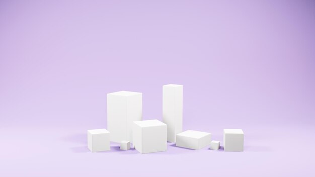 Cubos blancos sobre fondo púrpura, espacio vacío, render 3d