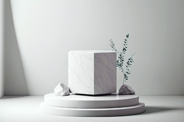 Cubos blancos sobre pedestal para exposición 3d art podiumkeytodesc