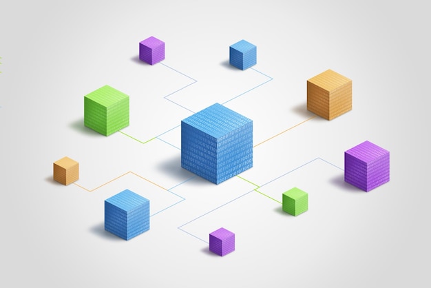 Foto cubos de blockchain multicolores vinculados por líneas electrónicas y código binario que simbolizan digital