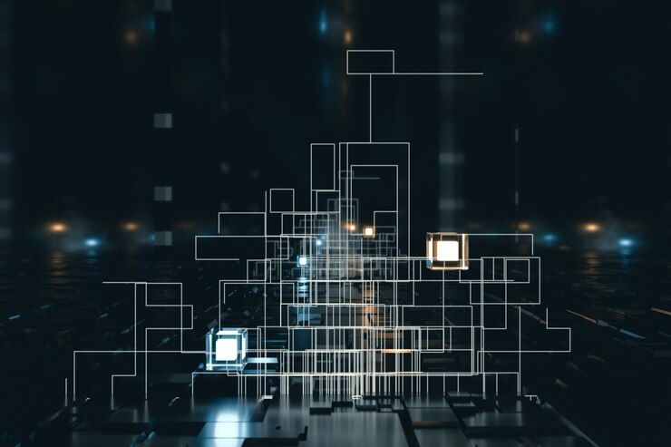 Foto cubos brillantes con líneas de circuito con renderizado 3d de fondo oscuro