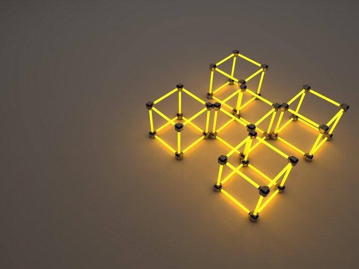 Foto cubos brillantes de tubos fluorescentes. composición abstracta de instalaciones de procesamiento geométrico.
