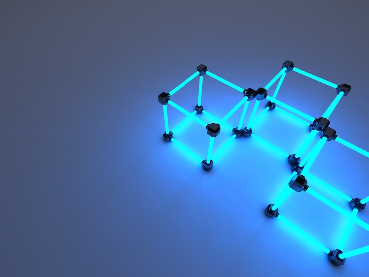 Foto cubos brillantes de tubos fluorescentes. composición abstracta de instalaciones de procesamiento geométrico.