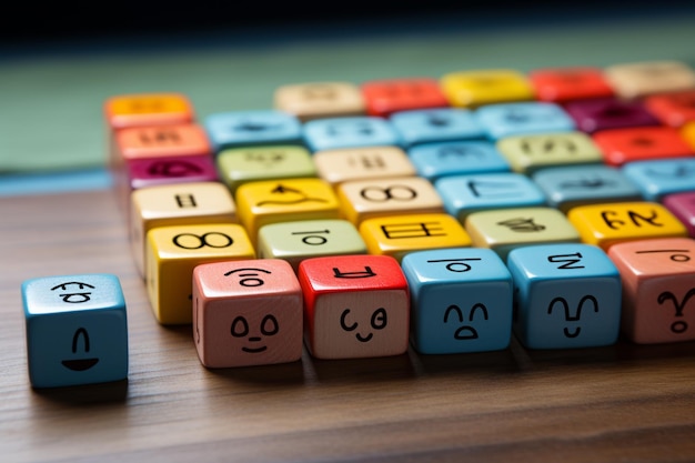 Cubos de colores con caras sonrientes en la mesa de madera