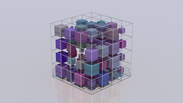 Cubos de colores dentro del cubo de malla metálica Ilustración abstracta 3d render