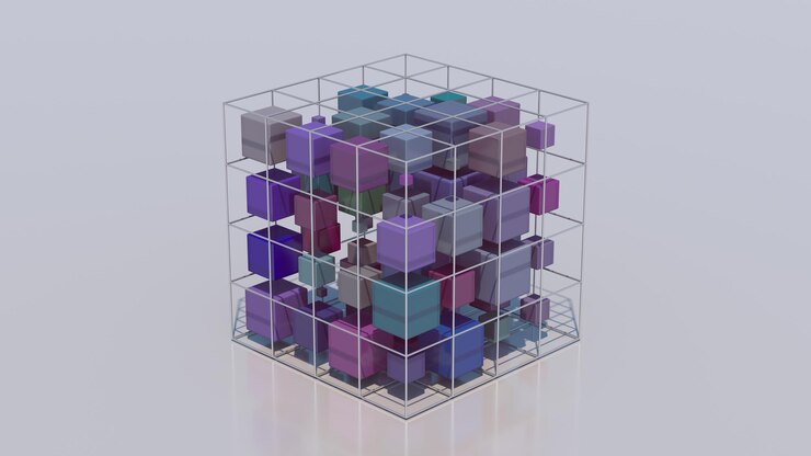 Foto cubos de colores dentro del cubo de malla metálica ilustración abstracta 3d render