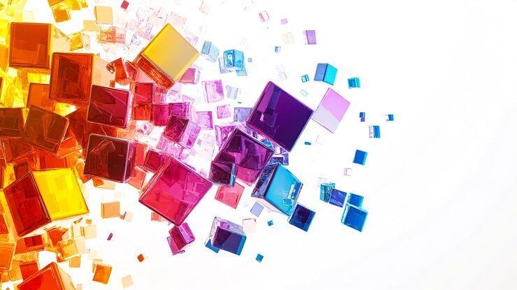 los cubos de colores están esparcidos sobre un fondo blanco