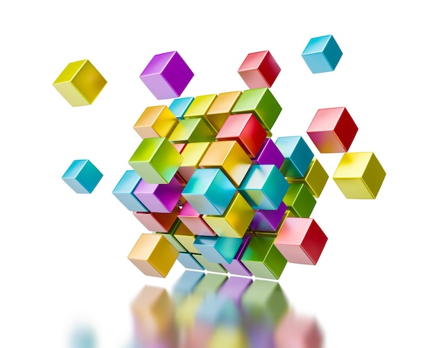cubos de colores que se ensamblan en una estructura cúbica aislados en blanco con reflexión