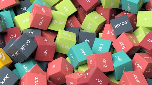 Cubos de colores de representación 3d con fondo de extensiones de dominio