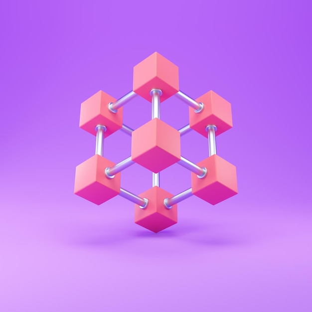 Foto cubos conectados sobre fondo violeta. cadena de bloques, ciencia de datos o concepto de tecnología. representación 3d