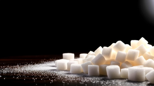 Cubos de açúcar branco em um fundo preto generativo ai