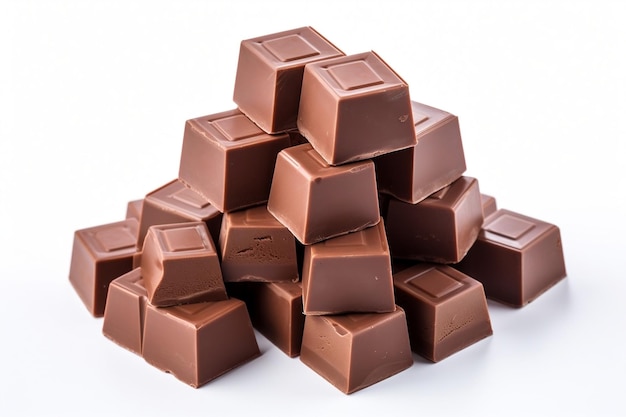 Cubos de barra de chocolate ao leite isolados contra um fundo branco IA generativa