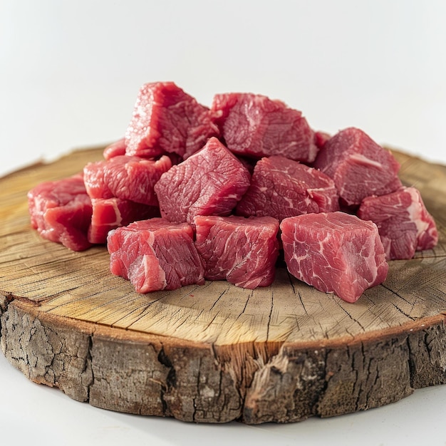 Cubos de carne fresca em cubos em uma tábua de corte de madeira