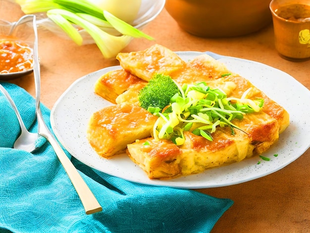 cubos de carne fritos em omeletes em cima de uma tigela rústica de arroz