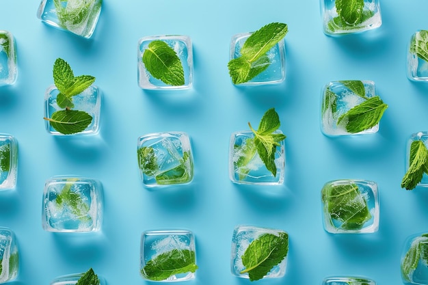 Cubos de gelo com folhas de hortelã congeladas no interior em fundo azul