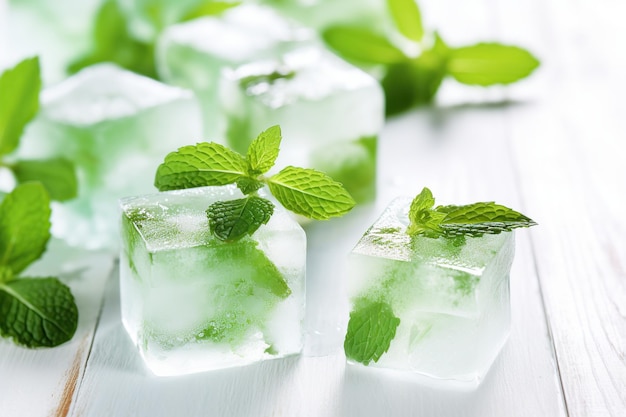 Cubos de gelo com folhas de hortelã fresca em fundo branco de madeira