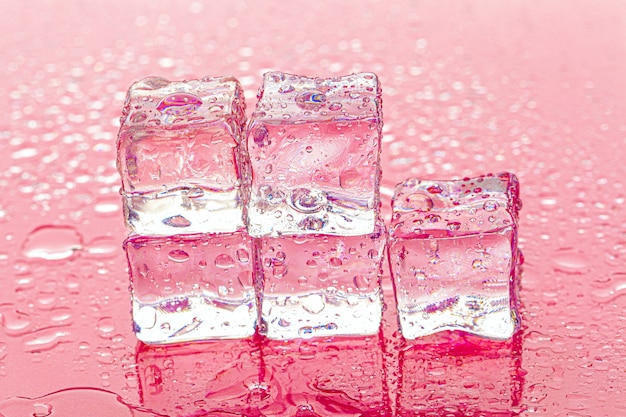 Cubos de gelo congelado na cor rosa molhada