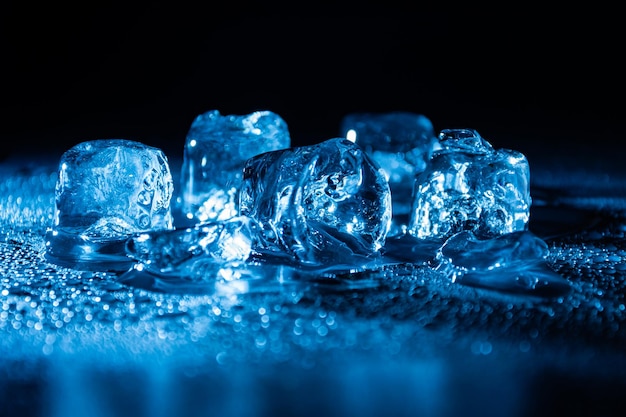 Foto cubos de gelo congelados derretidos iluminados com luz led de cor azul no escuro