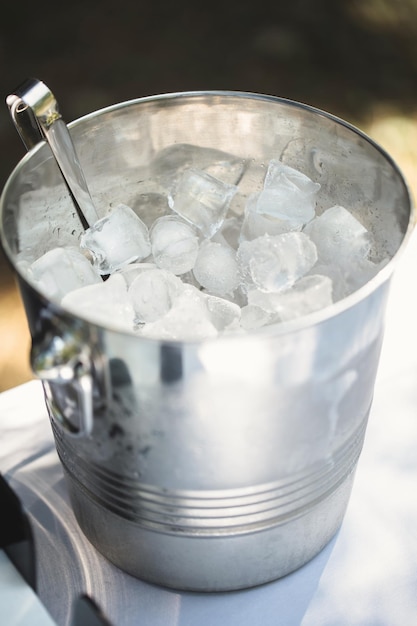 Cubos de gelo em um balde de ferro com pinças