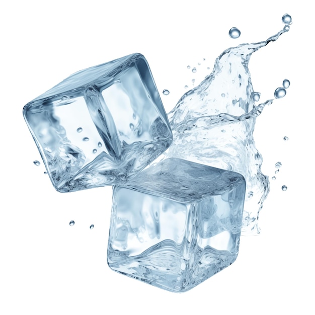 Cubos de gelo em um fundo transparente cubos de gelo derretem e a água se espalha deles em diferentes