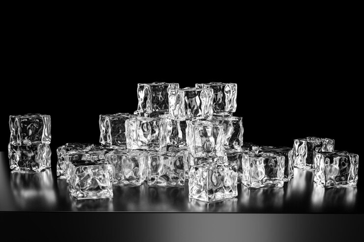 Foto cubos de gelo empilhados uns aos outros com renderização 3d de fundo preto