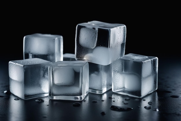 Cubos de gelo realistas em uma composição horizontal de fundo escuro