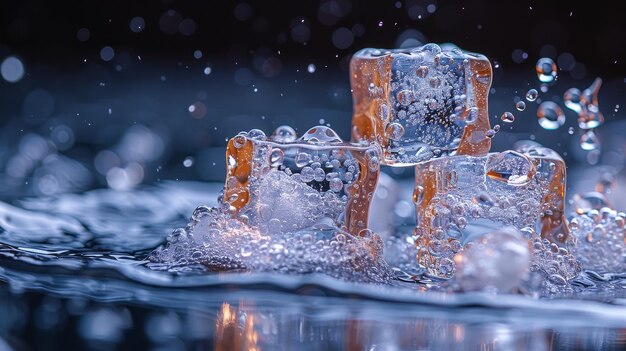 Cubos de gelo refrescantes em água espalhada