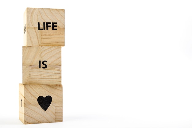 Cubos de madeira com a inscrição vida é amor em um fundo branco