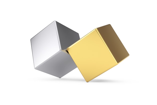 Cubos de metal dourado e prateado no conceito de equilíbrio em um fundo branco. renderização 3d