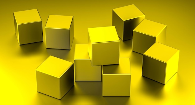 Cubos de ouro metálicos Cubos de metal de cor amarela dourada 3D render ilustração