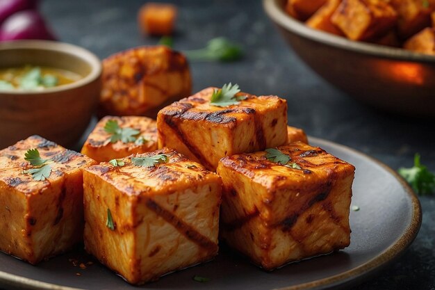 Cubos de paneer tikka dispostos em um padrão cruzado em um pl