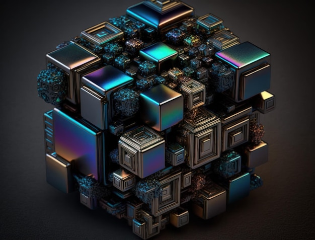 Cubos de pedra preciosa de bismuto colorido e brilhante arco-íris fundo escuro criado com tecnologia Generative AI