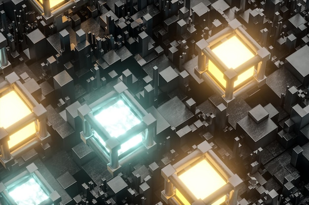 Cubos distribuídos aleatoriamente Renderização 3d de fundo industrial