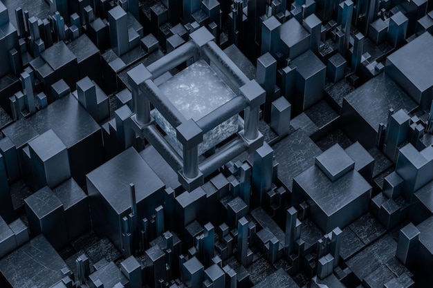 Cubos distribuidos aleatoriamente Representación 3d de fondo industrial