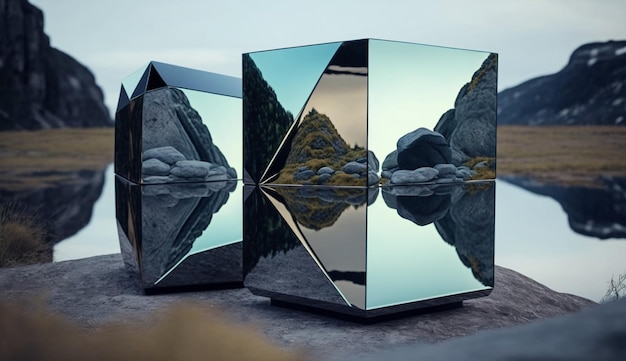 Cubos espelhados em uma rocha com um lago ao fundo ai generativo