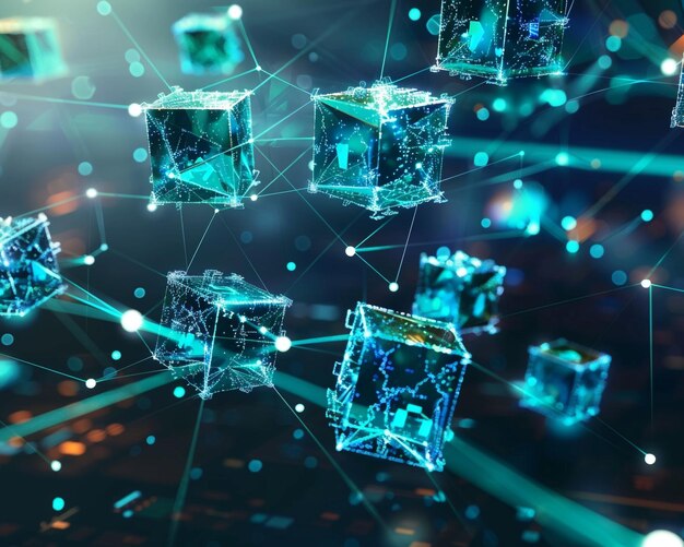 Cubos flotantes de blockchain que crean una red digital global