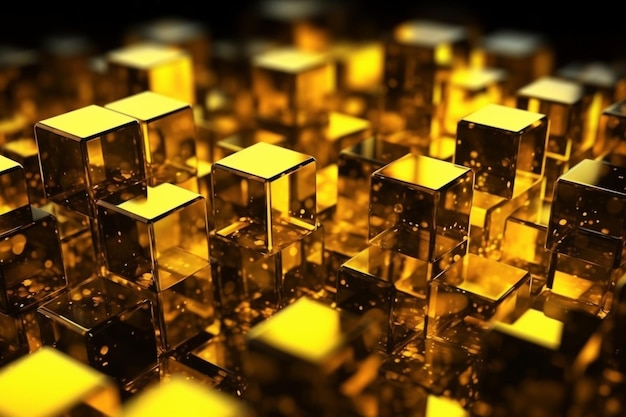 Cubos de formas geométricas doradas y amarillasCubos transparentes Fondo oro amarillo Patrón de cubo de vidrio