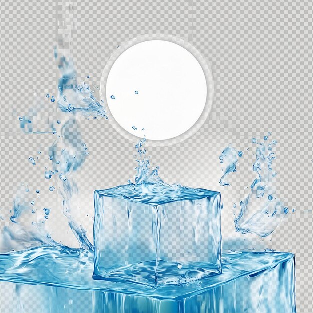 cubos de hielo con agua salpicando sobre ellos y un círculo de burbujas