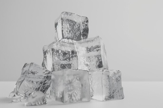 Cubos de hielo apilados entre sí con fondo blanco