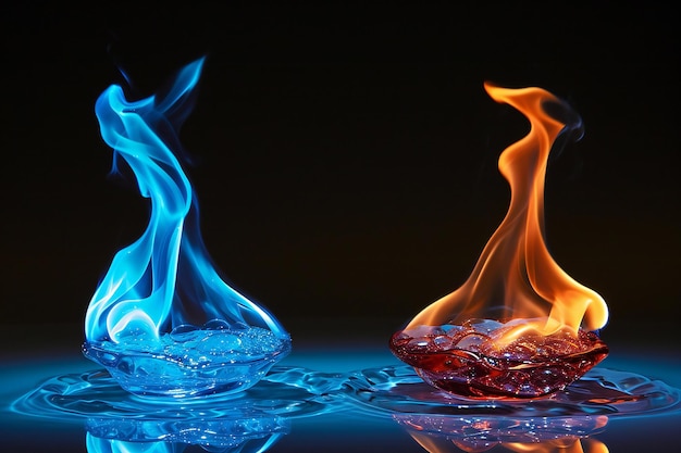 Foto cubos de hielo ardiendo en el agua con llamas azules sobre un fondo negro