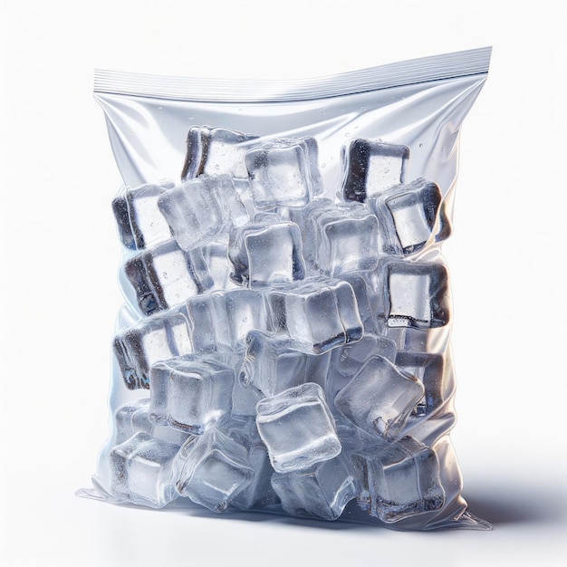 cubos de hielo en una bolsa de plástico transparente