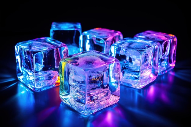 Cubos de hielo brillando con luces de neón en una habitación oscura