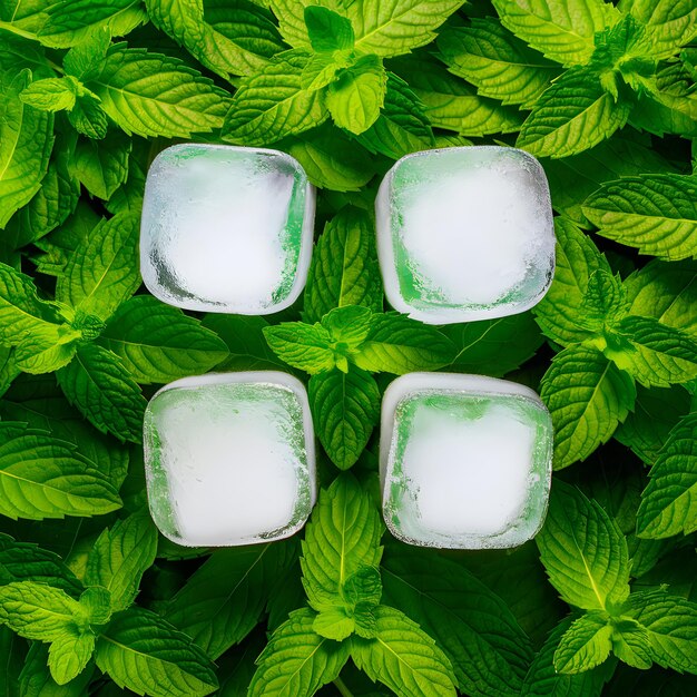 Cubos de hielo combinados con hojas de menta frescas para un aspecto refrescante para las redes sociales