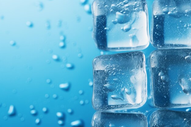 Cubos de hielo de cristal adornados con gotas sobre un fondo azul