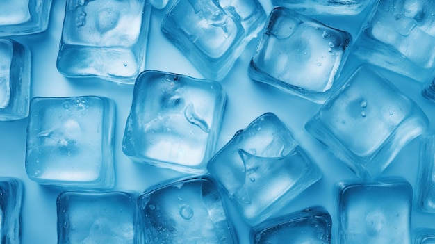 Cubos de hielo fondo azulado Agua congelada Concepto fresco frío IA generativa
